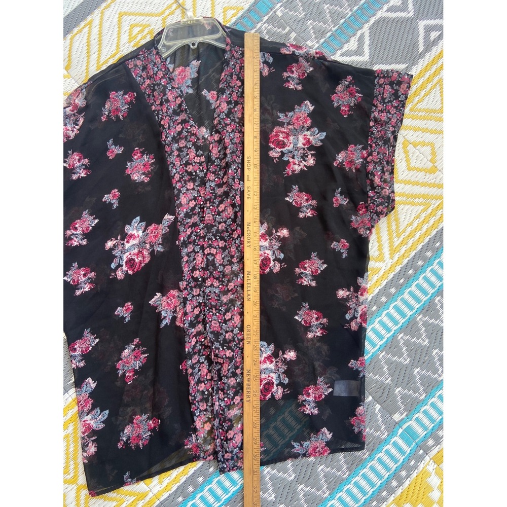 Maurices Womens Floral Sheer Kimono Wrap Black Pink Blue Chiffon L/XL - Picture 5 of 8